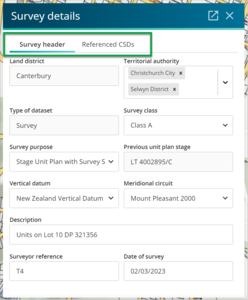Survey details panel with 'Survey header' and 'Referenced CSDs' tabs highlighted