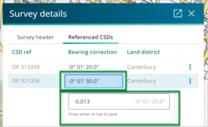 Survey details panel with Bearing Correction field highlighted under Referenced CSDs tab