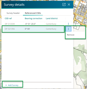 Survey details panel with three-dot icon and 'Add Survey' button highlighted