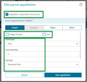 Edit parcel appellation panel with fields of Simple tab highlighted
