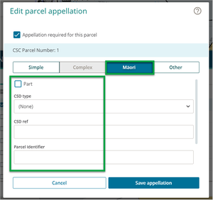 Edit parcel appellation panel with 'Māori' tab fields highlighted