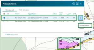 New parcels panel with three-dot dropdown menu and 'Locate feature' option highlighted