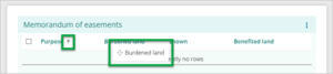 Memorandum of easements table example with Purpose and Burdened land columns highlighted