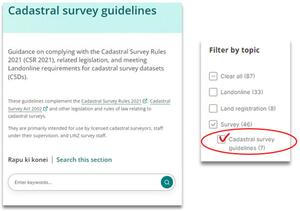 Cadastral survey guidelines search bar on our website, with a close up of the 'Filter by topic' menu with the 'Cadastral survey guidelines' box ticked
