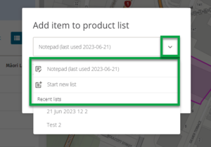 If you have no active lists open in the product list panel, an Add item to product list pop-up box will appear