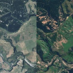 Before and after: The image on the left shows the area around Mohaka River, Te Haroto, before Cyclone Gabrielle. The image on the right is the same area captured shortly after the cyclone – on 21 February 2023 – clearly showing the resulting landslips and flood damage. Image from LINZ Basemaps