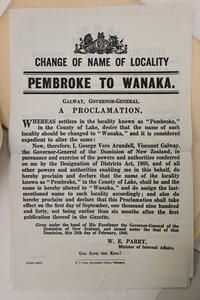Cloth flyer advertising the change from Pembroke to Wanaka in 1940