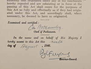 Scan of the New Zealand Geographic Board Act 1946 as signed on 9 August 1946 with the Royal Assent by Governor-General Lieutenant-General Sir Bernard Cyril Freyberg