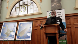 Photo of Shane Te Ruki, serving as MC for the 3 July 2023 launch at Parliament's Grand Hall