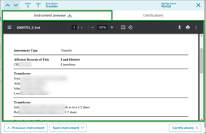 Instrument preview panel showing instruments to review before certifying and signing