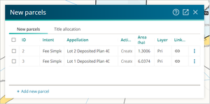 Screenshot of the New parcels panel showing a list of new parcels