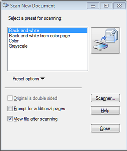 Scan new document window with Black and white option selected