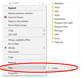 Explorer with New Folder highlighted
