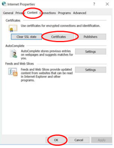 Internet properties, content tab with Certificates button highlighted