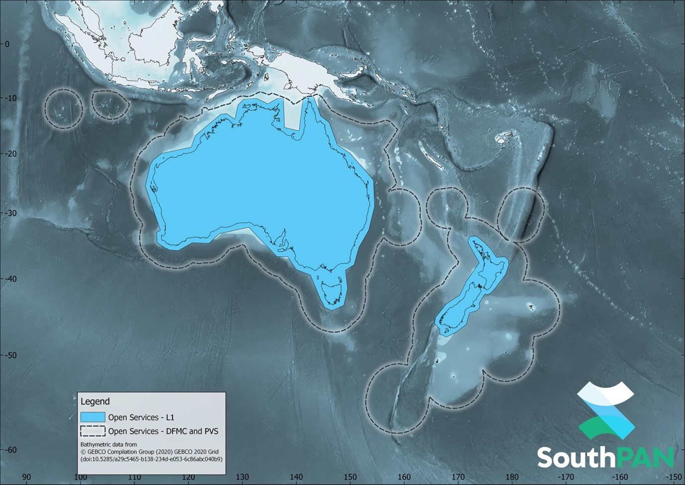 Australia and New Zealand highlighted in blue, with a wider coverage zone mostly in the coastal regions of these two countries