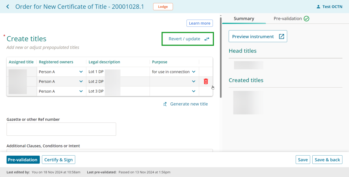 Example of revert update link