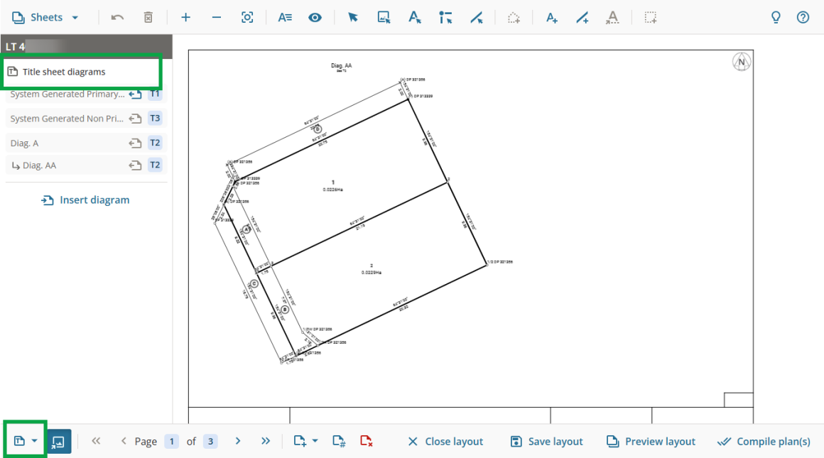 image of layout plan sheets screen, highlighting Title sheet diagram at top left of screen, and the Change sheet view button at bottom left of screen.