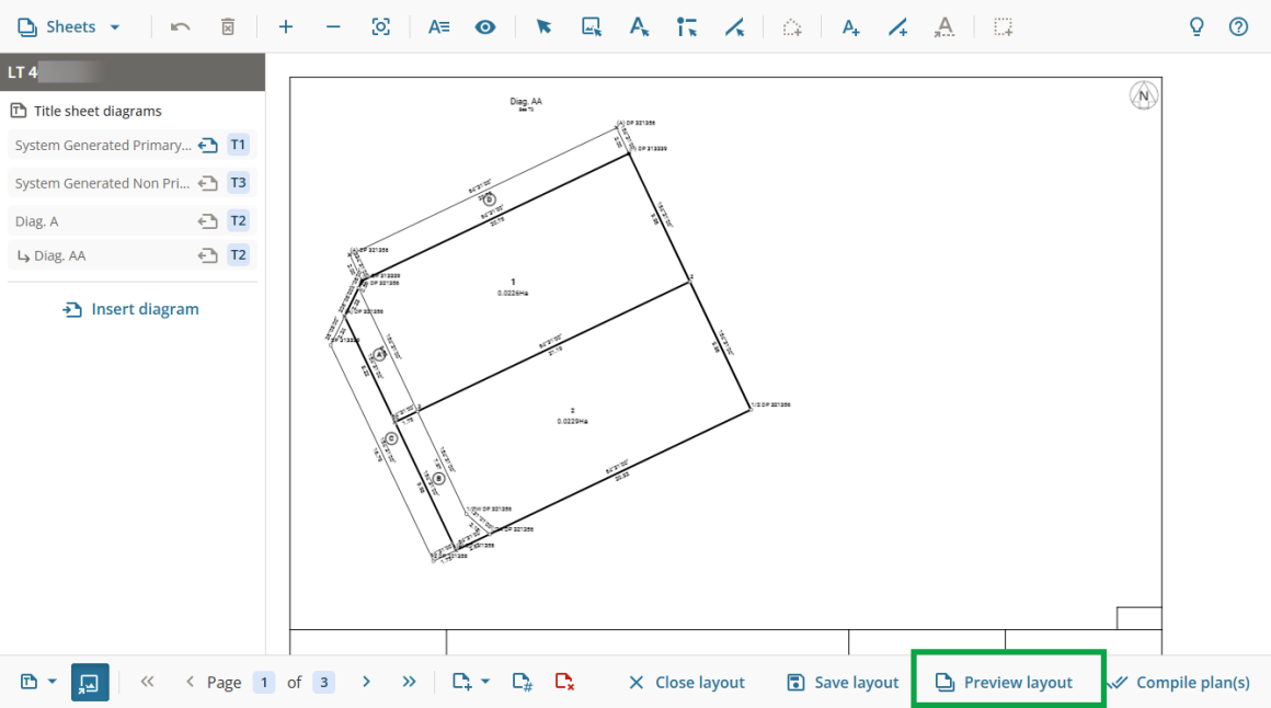 image of layout plan sheets screen, highlighting Preview Layout at bottom right of screen.