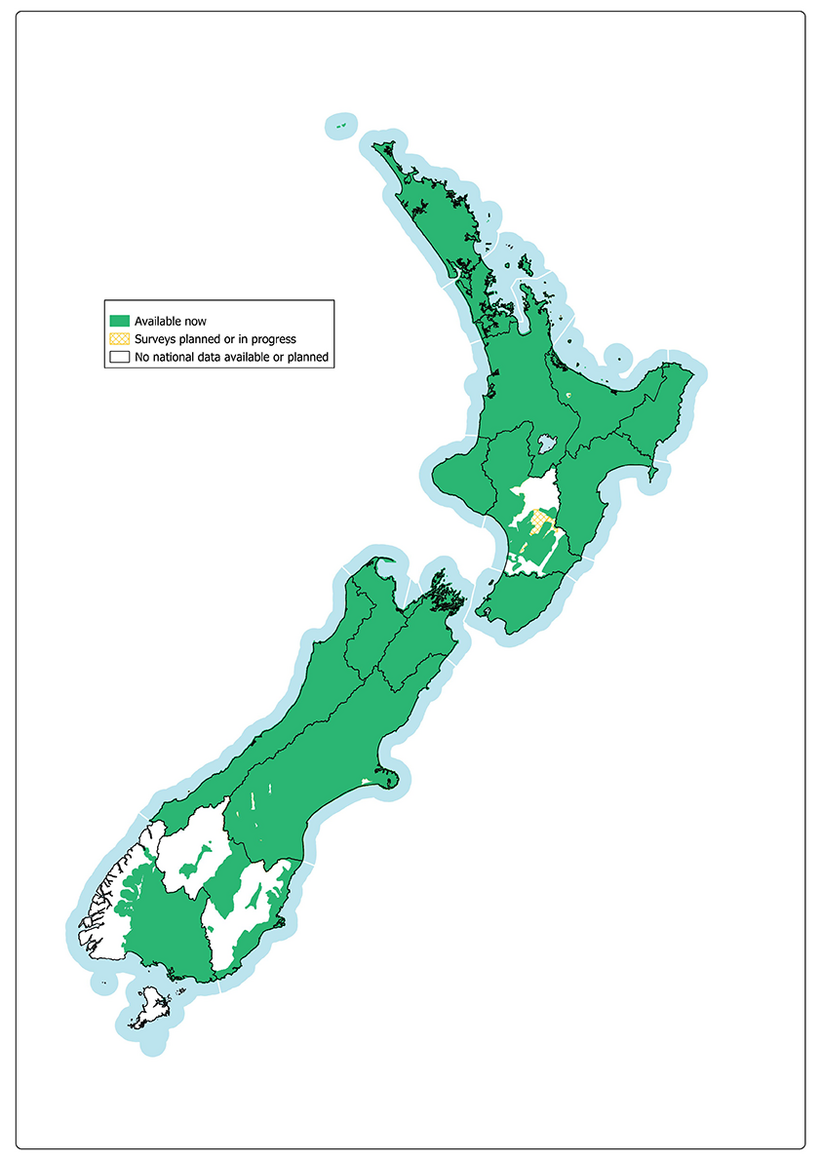 Map of New Zealand showing that LiDAR data is available for most of the country, as well as where surveying is planned or underway, and where no data is available.
