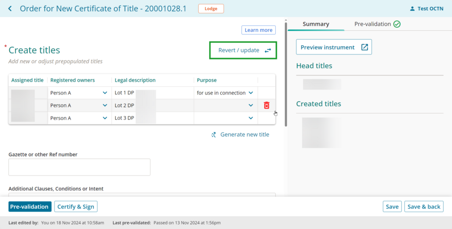 Example of revert update link