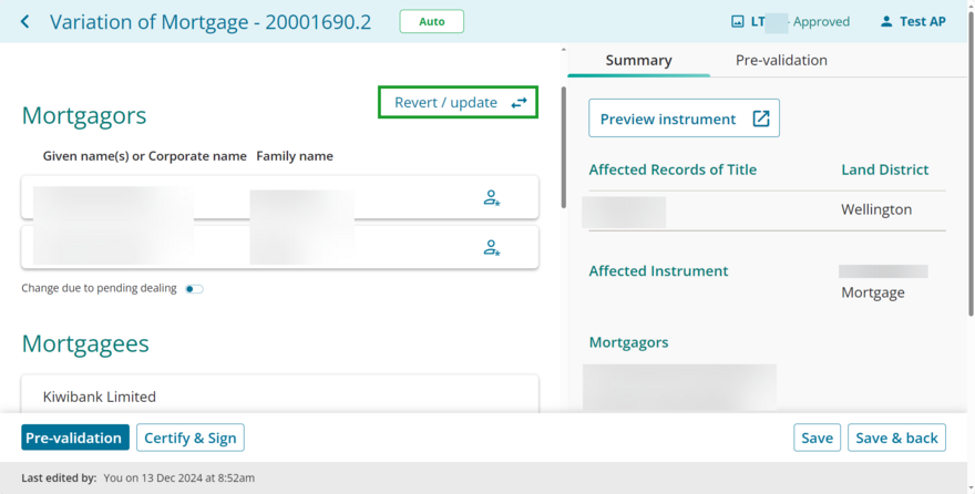 Link to revert or update instrument.