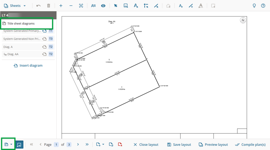 image of layout plan sheets screen, highlighting Title sheet diagram at top left of screen, and the Change sheet view button at bottom left of screen.
