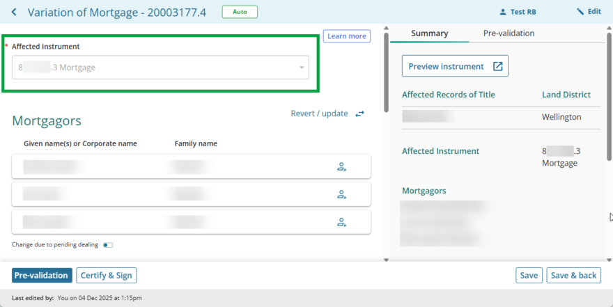 image of prepare instrument screen for Variation of Mortgage. The Affected instrument field is highlighted.