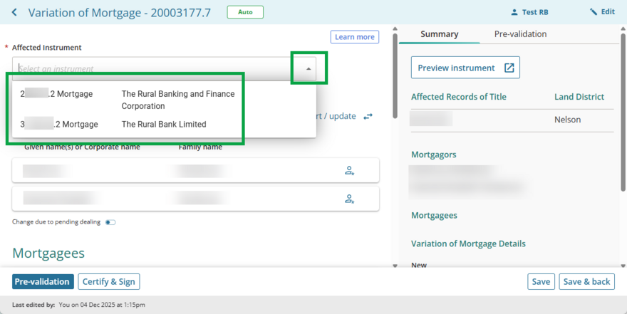 image of the affected instrument field for Variation of Mortgage. There are 2 mortgage instruments to choose from.