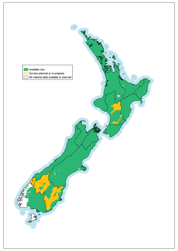 Map of New Zealand showing most part of the country has elevation data coverage aside from an area south of Taupo and another in the south of the South Island that is planned but yet to be completed. No plans yet for Stewart Island and Fiordland