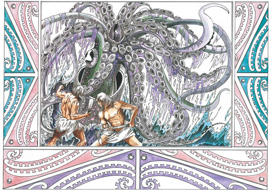 Kupe fighting the giant octopus, illustrated by Cliff Whiting