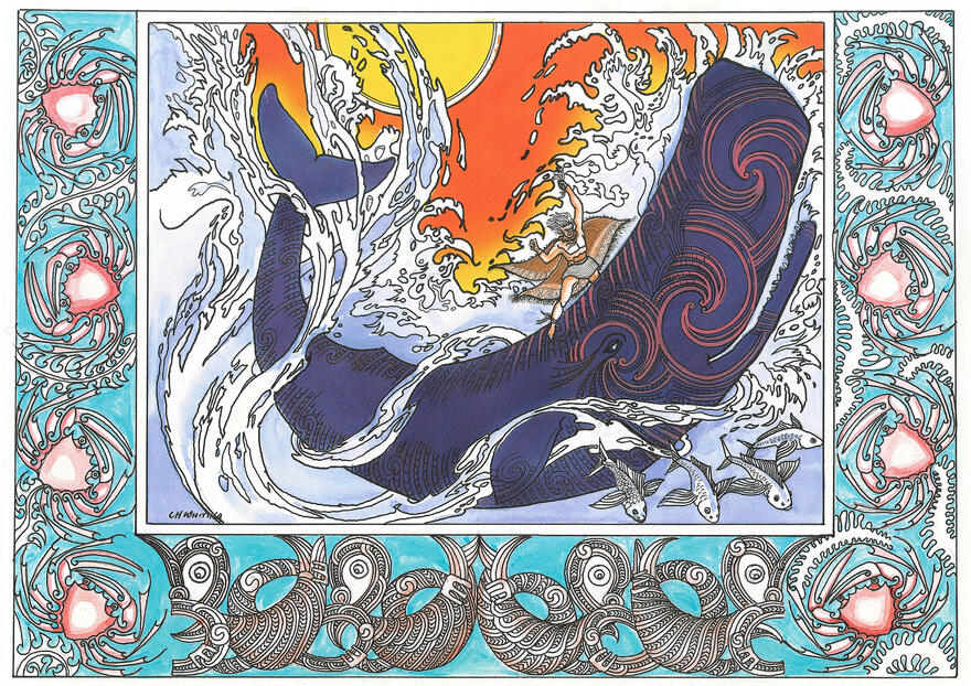 Paikea riding on the back of a whale, illustrated by Cliff Whiting