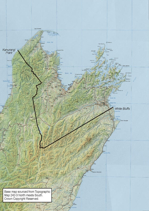 Map showing the area of interest referred to in the Deed of Settlement between the iwi of Te Tau Ihu and the Crown.