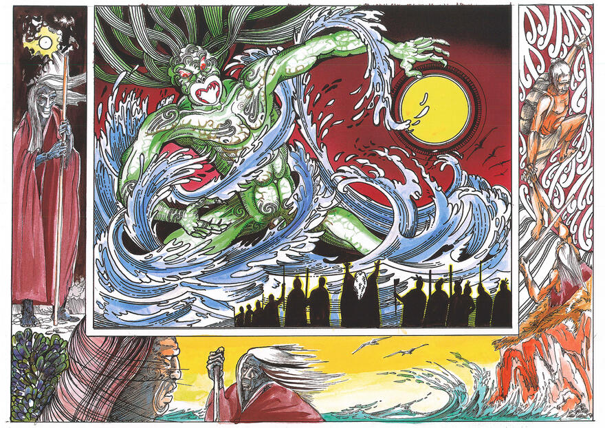 Tōhē at several points of his journey, illustrated by Cliff Whiting
