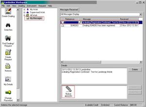 Landonline Workspace window with My Messages and paperclip icon highlighted