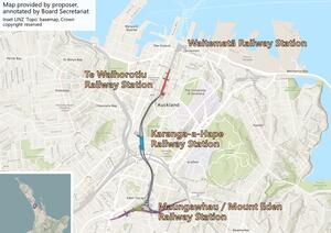 Map showing the four proposed railway names in central Auckland