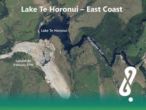 Lake Te Horonui area with labels showing landslide (February 2018), Lake Te Horonui and Mangapōike River
