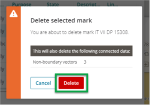 Delete selected mark pop-up panel with Delete highlighted