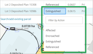 Existing parcels panel with action field highlighted
