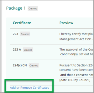 Package 1 screen with 'Add or Remove Certificates' link highlighted
