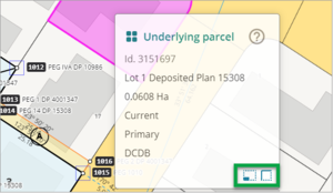 Underlying parcel pop-up box with bottom right icons highlighted