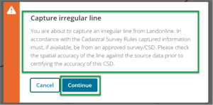 Message box 'Capture irregular line' with 'Continue' button highlighted