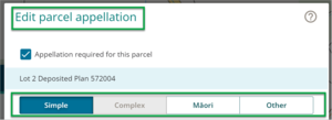 Edit parcel appellation panel with 'Simple' tab highlighted