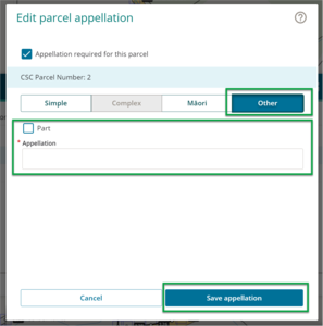 Edit parcel appellation panel with 'Other' tab fields highlighted