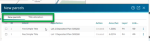 New parcels panel with 'New parcels' and 'Title allocation' tab highlighted