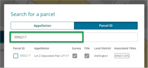 Search for a parcel window with search field highlighted