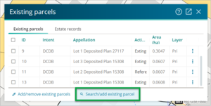 Existing parcels panel with Search/add existing parcel button highlighted