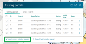 Existing parcels panel with 'add/remove existing parcels' highlighted