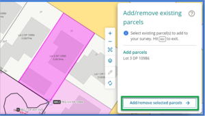 Add/remove existing parcels panel with add/remove button highlighted