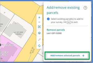 Add/remove existing parcels panel with add/remove button highlighted and lot number crossed out