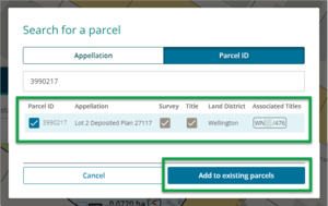 Search for a parcel window with parcel and 'add to existing parcels' button highlighted